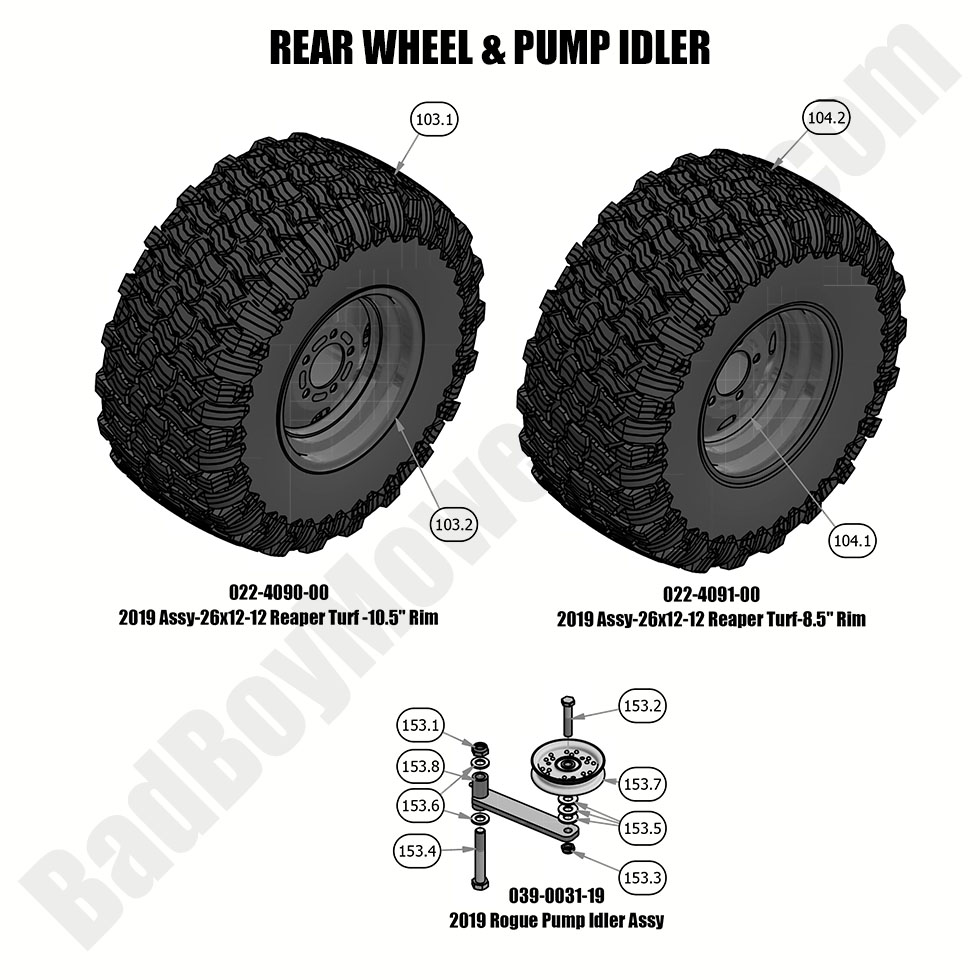 2025 - Bad Boy Mower Parts Lookup > 2019 > Rogue > Rear Wheel & Pump Idler